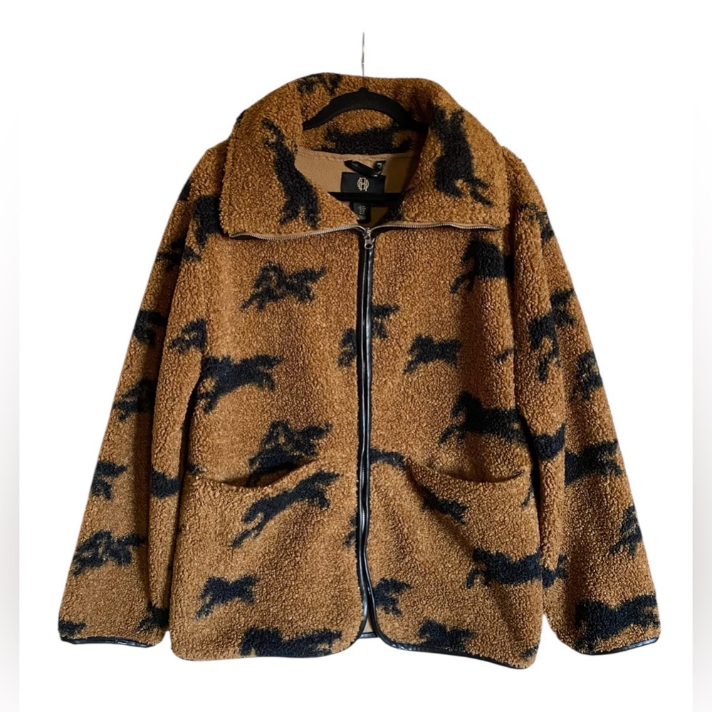 HOUSE OF HARLOW Sherpa Zip up Jacket With Horses Size Medium